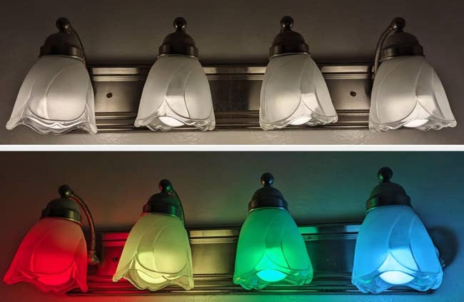 Four wall-mounted lamps with different colored shades in two rows, showcasing lighting options