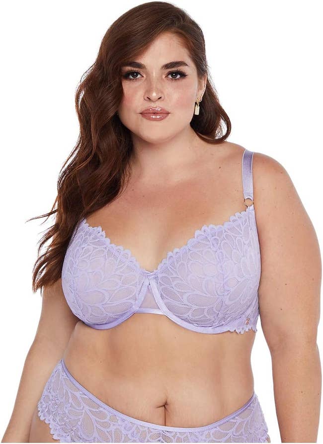 model in light purple lace balconette bra