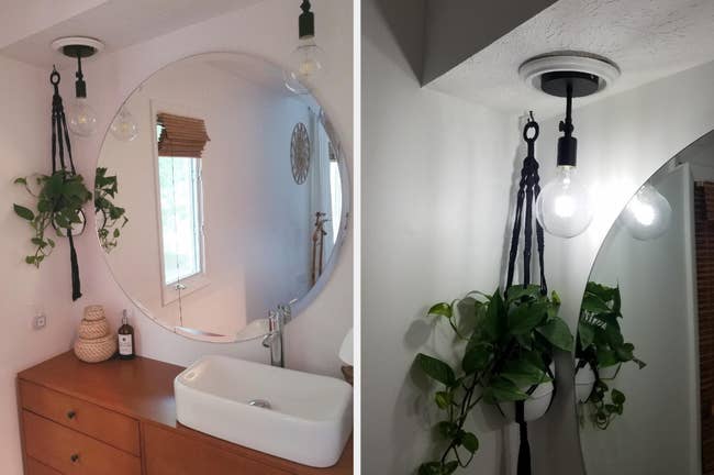 Reviewer image of a bathroom that used the kit to turn recess lighting into pendant lighting