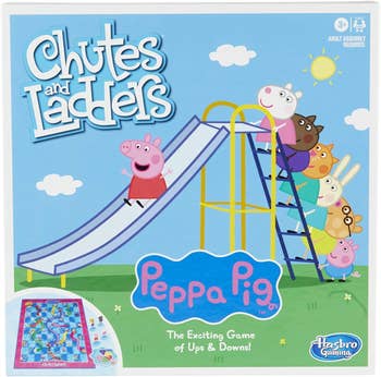 Cover of the Peppa Pig Chutes and Ladders game with Peppa Pig and friends climbing a ladder and sliding down. Text: 