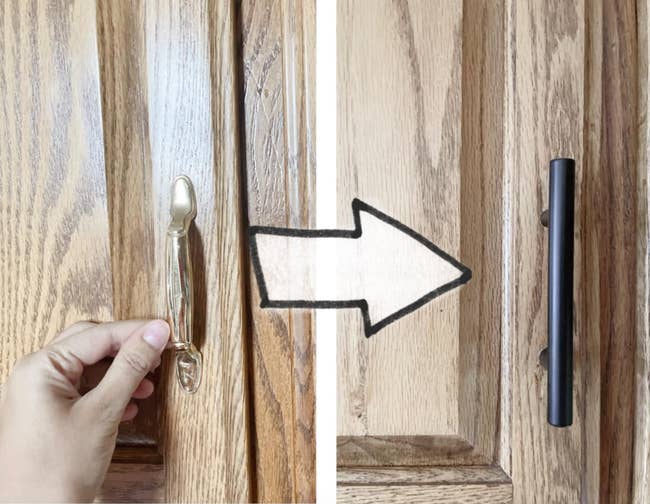 Hand switching from traditional door handle to modern lever handle, suggesting an upgrade or comparison for accessibility