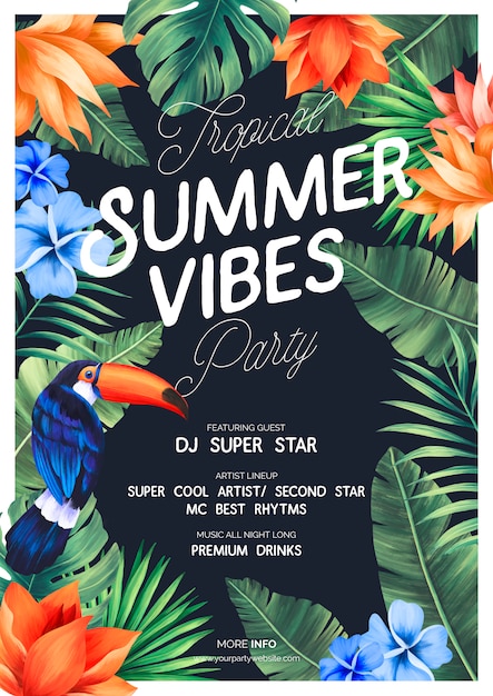 Bezpłatny plik PSD tropical summer vibes party poster z egzotyczną naturą