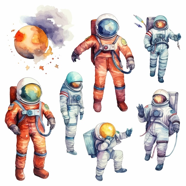 Astronauta i przestrzeń Akwarela Clipart Ustaw białe tło