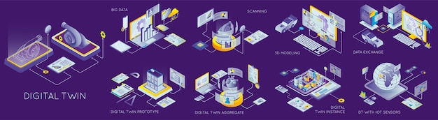 Bezpłatny wektor cyfrowe typy bliźniaków proces skanowania i wymiany danych izometryczny zestaw izolowany na kolorowym tle ilustracji wektorowych 3d