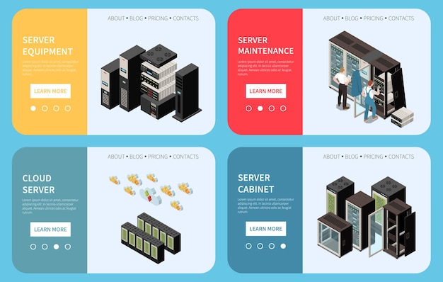 Datacenter izometryczny kolorowy baner ustawia strony docelowe