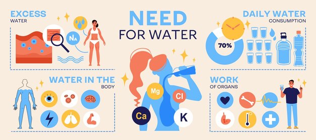 Infografiki wody z okrągłymi ikonami piktogramów dla narządów ciała zdrowie chemikalia tekst i obrazy ludzkiego ciała ilustracji wektorowych