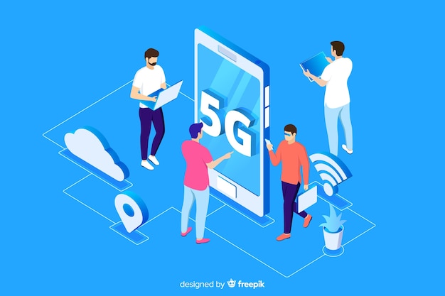 Bezpłatny wektor izometryczny koncepcja 5g z niebieskim tle