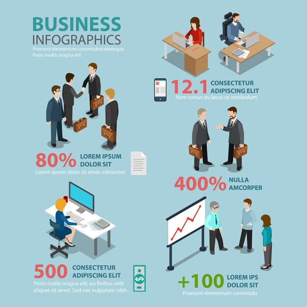 Koncepcja infografiki tematyczne sytuacje biznesowe płaski styl