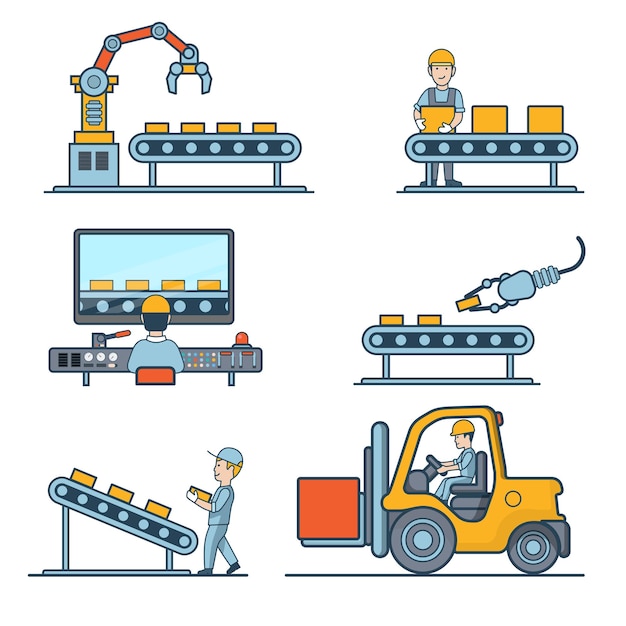 Bezpłatny wektor linear flat przemysłowy przenośnik taśmowy i zestaw ilustracji maszyn magazynowych. koncepcja procesu produkcji firmy. pakowanie, transport, zarządzanie w centrum sterowania.