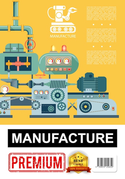 Bezpłatny wektor płaski plakat produkcji przemysłowej z linią produkcyjną i ikoną ramienia robota na pomarańczowym tle ilustracji