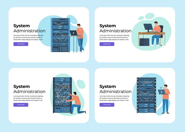 Płaskie karty administratora systemu z poziomymi stronami internetowymi z edytowalnym tekstem klikalnych linków i ilustracją wektorową obrazów doodle