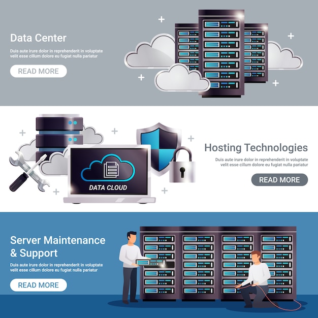 Bezpłatny plik Wektor poziomy zestaw bannerów datacenter