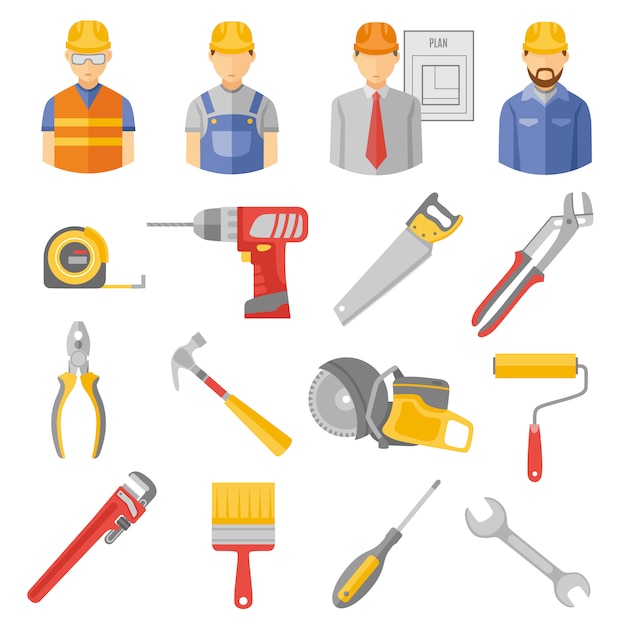 Pracownicy budowlani narzędzia płaskie ikony ustaw