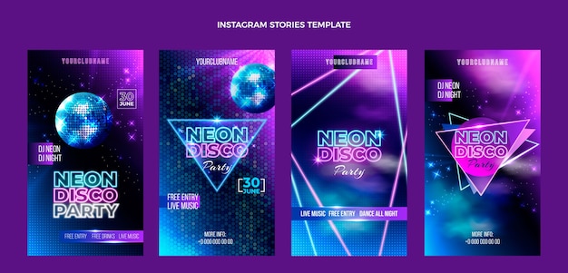 Bezpłatny plik Wektor realistyczne historie na instagramie z neonowymi imprezami z kulami disco