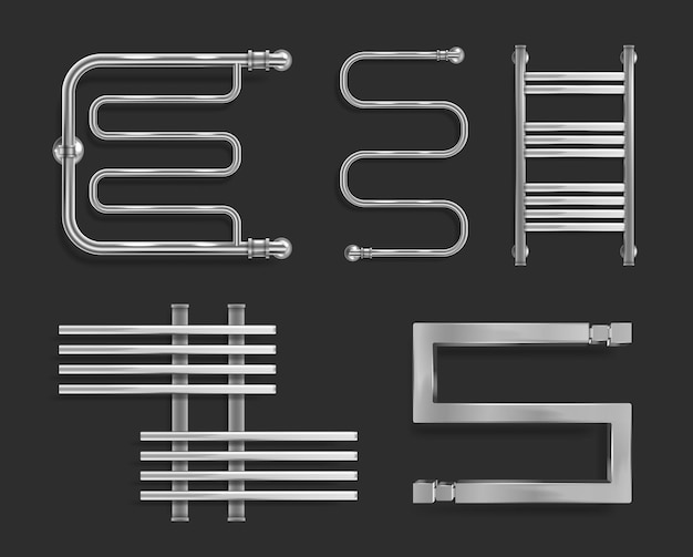 Bezpłatny wektor realistyczny zestaw tła podgrzewacza do ręczników z izolowanymi widokami z przodu ilustracji wektorowych srebrnych metalowych spiral grzewczych