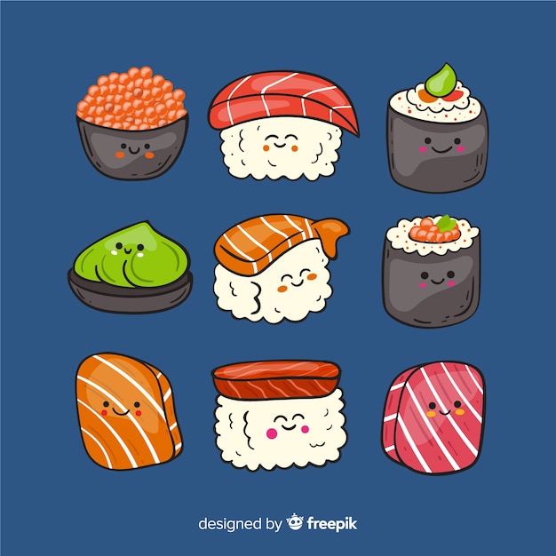 Ręcznie rysowane kolekcja kawaii sushi