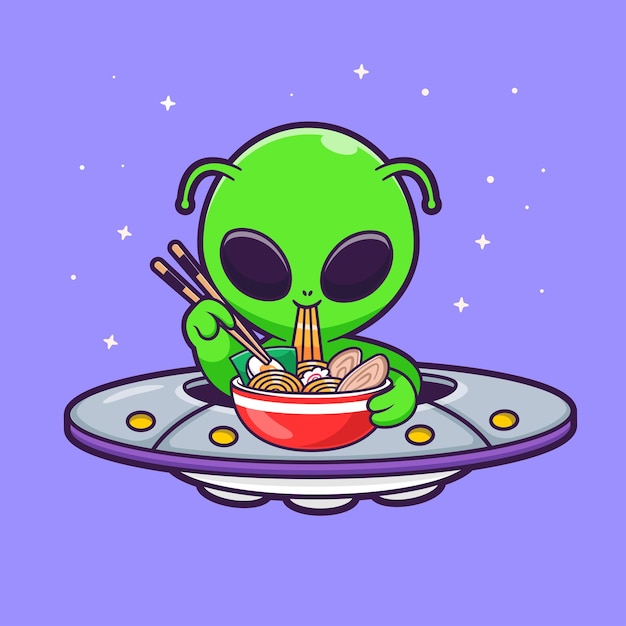 Bezpłatny wektor słodki obcy jedzący makaron ramen z pałeczkami na ufo karikatura wektorowa ikona ilustracja nauka żywność