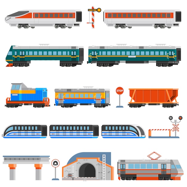 Transport kolejowy płaskie kolorowe ikony zestaw