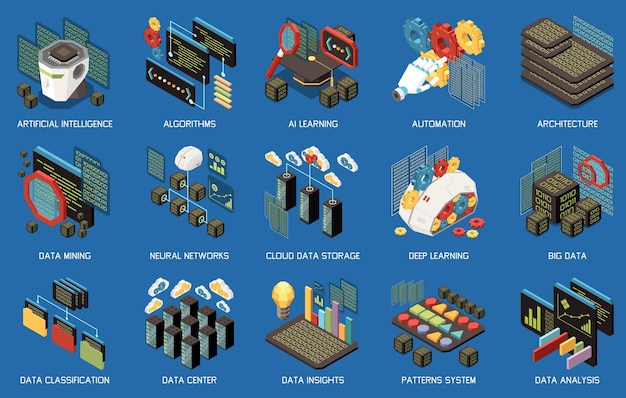 Bezpłatny plik Wektor uczenie maszynowe zestaw izolowanych kompozycji z izometrycznymi ikonami serwerów kod części robota i ilustracji wektorowych podpisów tekstowych