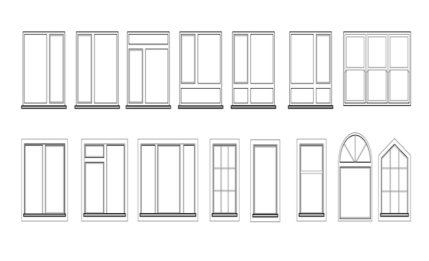 Bezpłatny wektor zestaw windows na białym tle. zamknięty element okna wektor architektury i wystroju wnętrz. ilustracja w kolorze czarnym na białym tle.