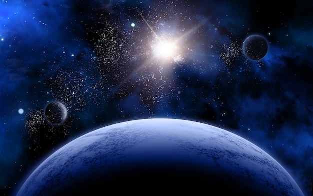 Bezpłatne zdjęcie 3d przestrzeni sceny z fikcyjnymi planet i gwiazd