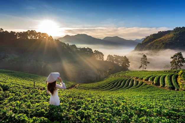 Azjatycka kobieta ubrana w tradycyjną kulturę Wietnamu w ogrodzie truskawkowym na Doi Ang Khang, Chiang Mai, Tajlandia.