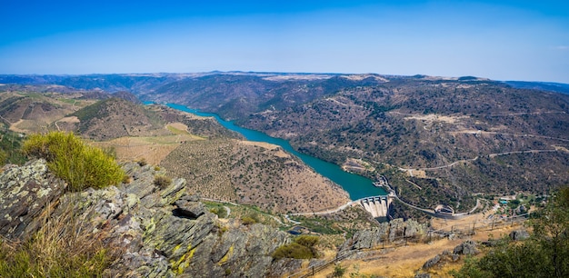 Bezpłatne zdjęcie krajobraz winnic i rzeki douro w pobliżu vila nova de foz coa, portugalia