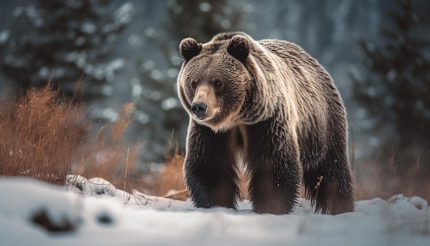 Bezpłatne zdjęcie majestatyczny niedźwiedź grizzly spacerujący po śnieżnym lesie generatywny ai