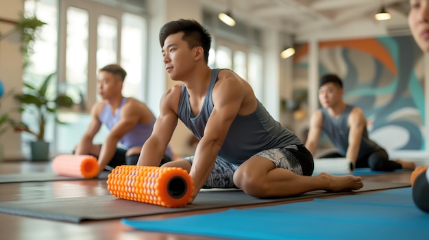 Bezpłatne zdjęcie osoby korzystające z rolki piankowej do ćwiczeń i ćwiczeń fitness