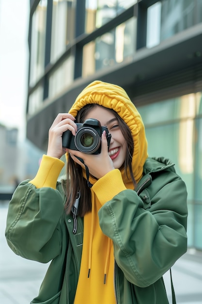 Bezpłatne zdjęcie portret młodego człowieka świętującego światowy dzień fotografii z urządzeniem fotograficznym