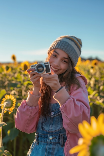 Bezpłatne zdjęcie portret młodego człowieka świętującego światowy dzień fotografii z urządzeniem fotograficznym