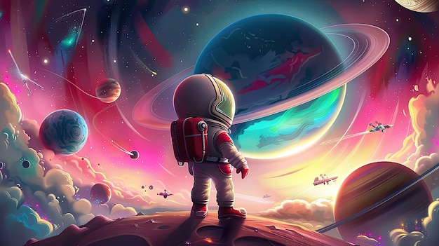 Bezpłatne zdjęcie view of animated cartoon planets with astronaut