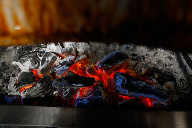 Foto gratuito carboni ardenti sotto la vista laterale del forno della carne di frittura