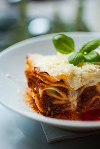 Foto gratuito colpo verticale di una deliziosa lasagna su un piatto bianco