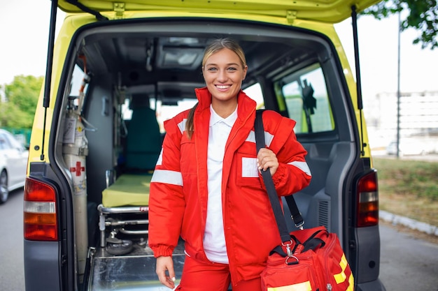 Foto gratuito giovane donna un paramedico in piedi sul retro di un'ambulanza vicino alle porte aperte sta guardando la telecamera con un'espressione sicura di sé sorridente portando una borsa da trauma medica sulla spalla