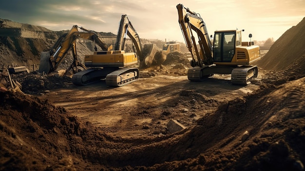 Foto gratuito gruppo di escavatori che lavorano su un cantiere