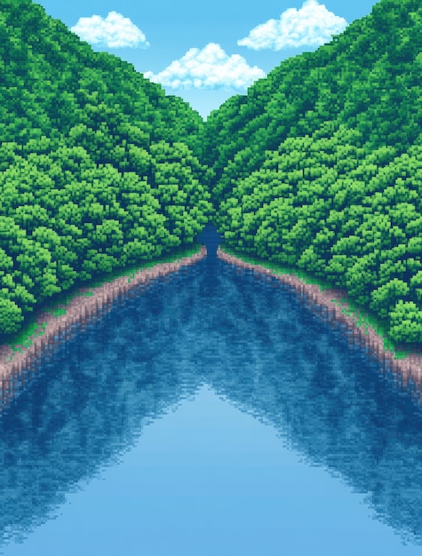 Foto gratuito illustrazione del paesaggio fluviale in stile pixel art