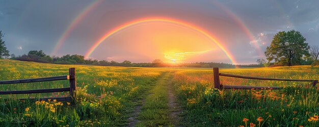 La vista di un bellissimo arcobaleno che appare alla fine di una strada