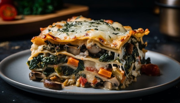 Foto gratuito lasagna vegetariana salutare pasto gourmet appena cucinato generata dall'intelligenza artificiale