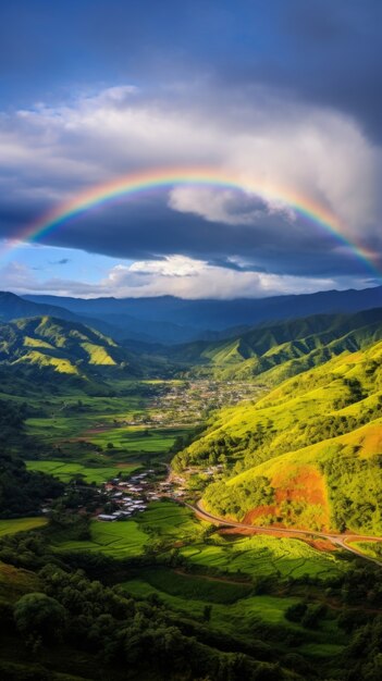 Paesaggio con un arcobaleno colorato che appare nel cielo