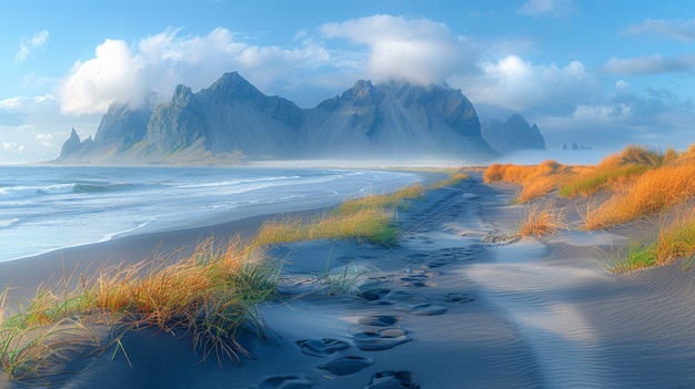 Paesaggio naturale con sabbia nera sulla spiaggia