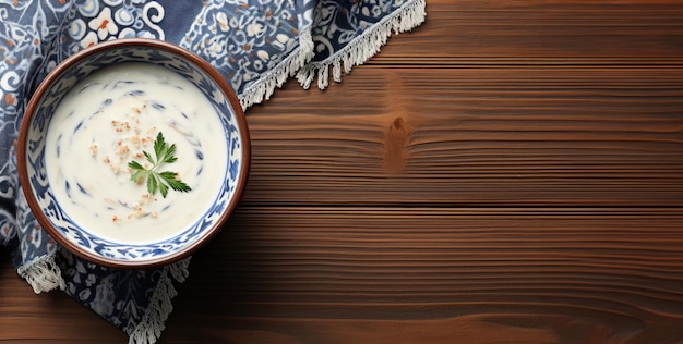 Foto gratuito piatto di zuppa di yogurt su tovaglia su vecchio tavolo di legno con spazio per la copia del testo zuppe tradizionali