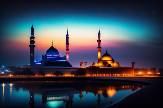 Foto gratuito una moschea con una luce blu in alto