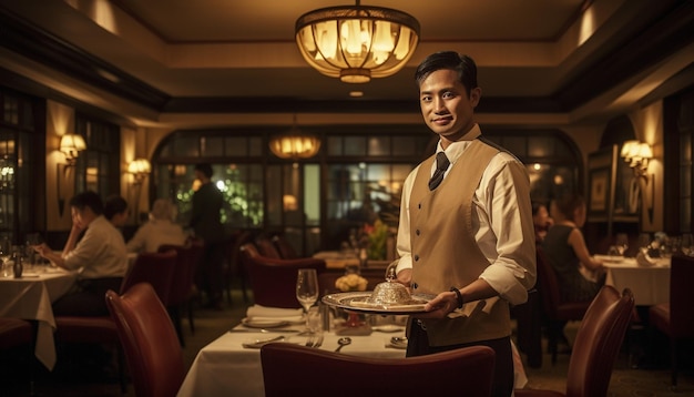 Foto gratuito uomo d'affari adulto sorridente che serve cibo e bevande generati dall'ia