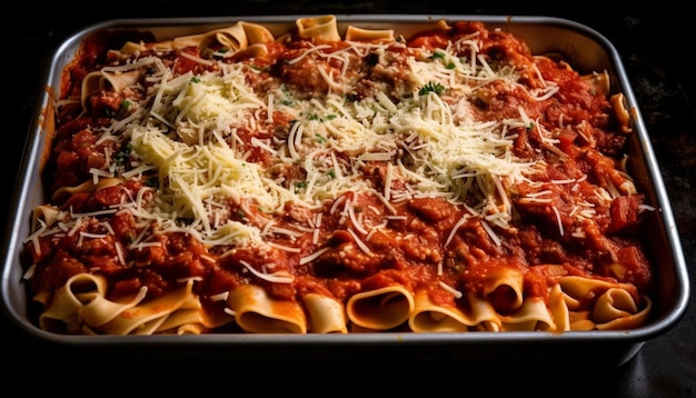 Foto gratuito vibrante fetta di lasagna di manzo pronta da mangiare generata dall'intelligenza artificiale