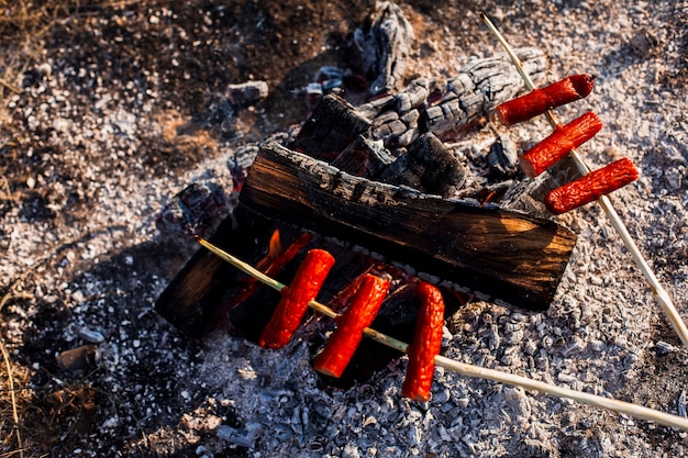 Foto gratuito vista dall'alto spiedini di carne e fuoco