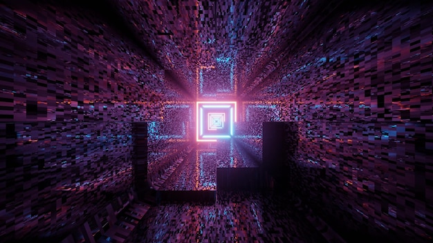 3d illustrazione di abstract tridimensionale di sci fi tunnel con croce e forme quadrate incandescente con luci al neon rosa e blu