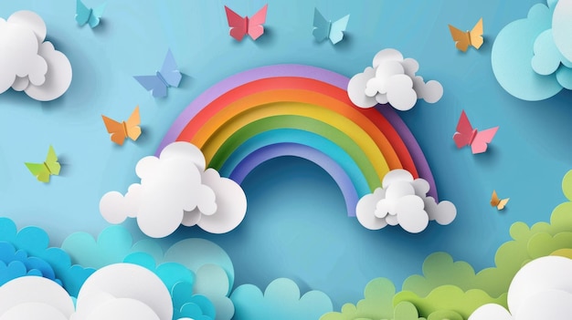 Arcobaleno con nuvole e farfalle