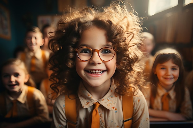 bambina divertente sorridente scuola ragazza felice con gli occhiali tiene i libri generato con AI