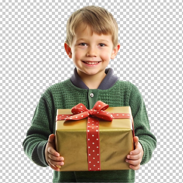 Bambino felice con il maglione rosso e il cappello di Babbo Natale con un regalo di Natale